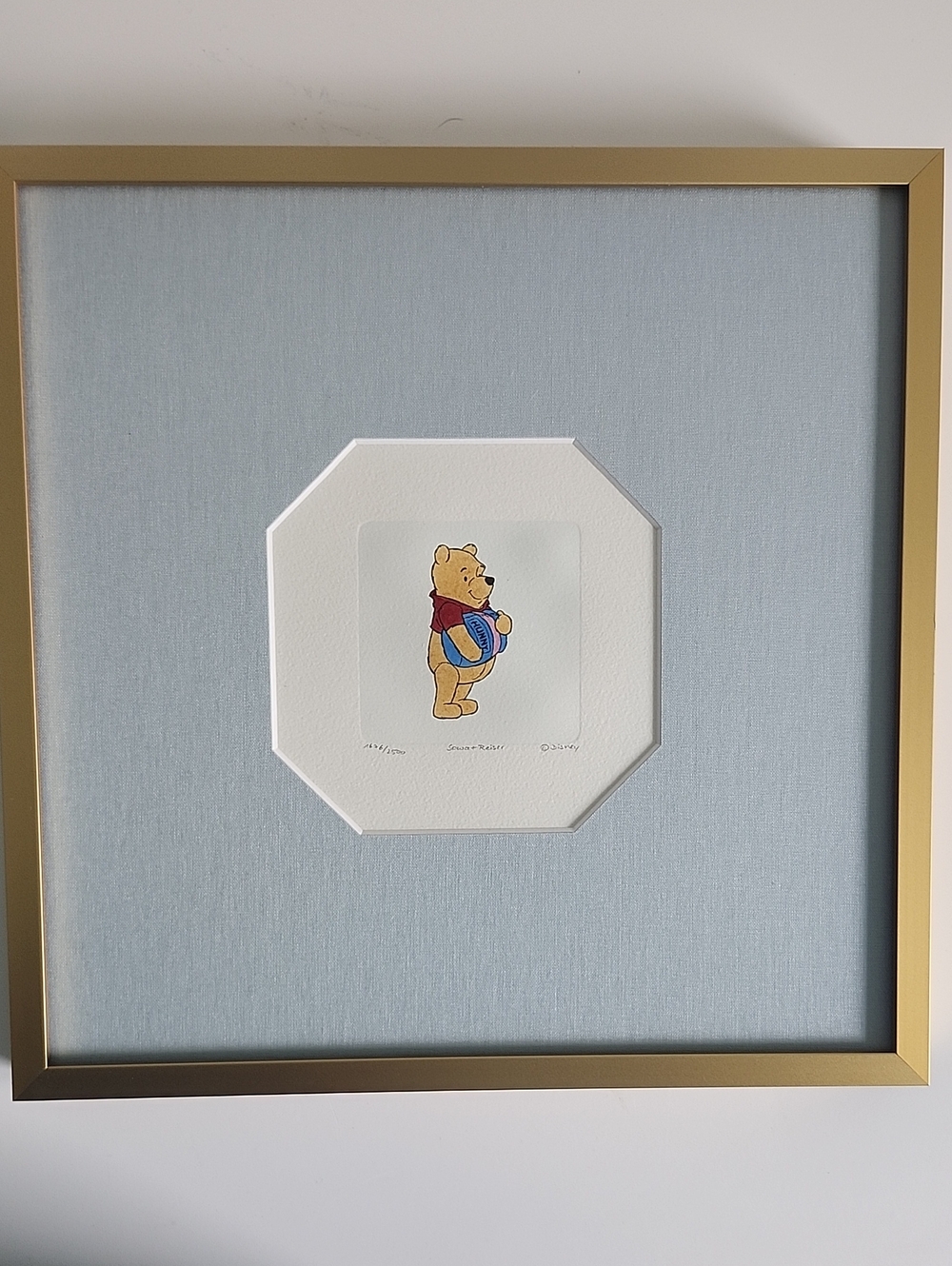 Winnie the Pooh Framed Art - Light Blue Mat & Gold Frame